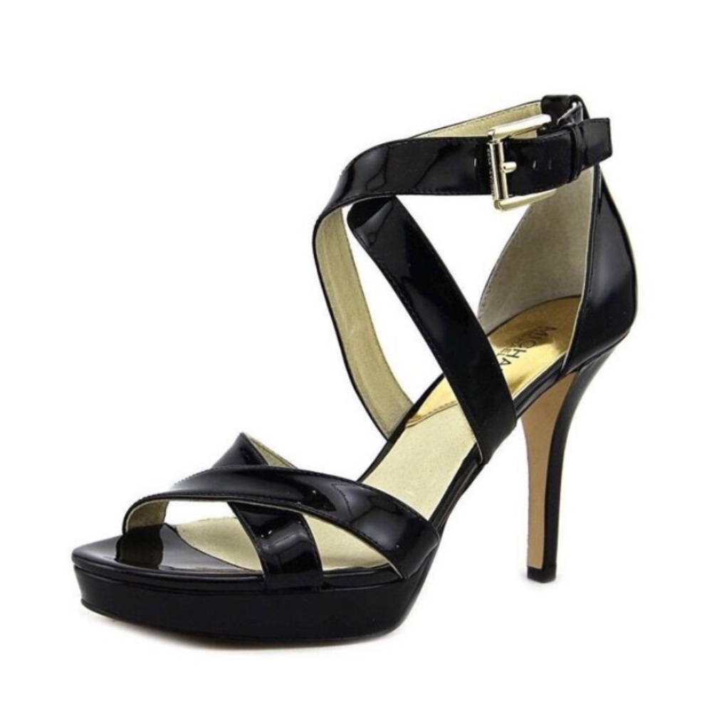 Michael Kors Evie 9M Black Leather Platform Open Ankle 4” Stiletto Sandal